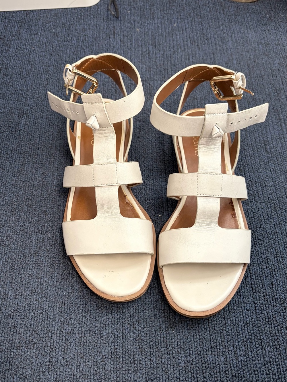 Franco Sarto Cream Strappy T‑Bar Leather Sandals